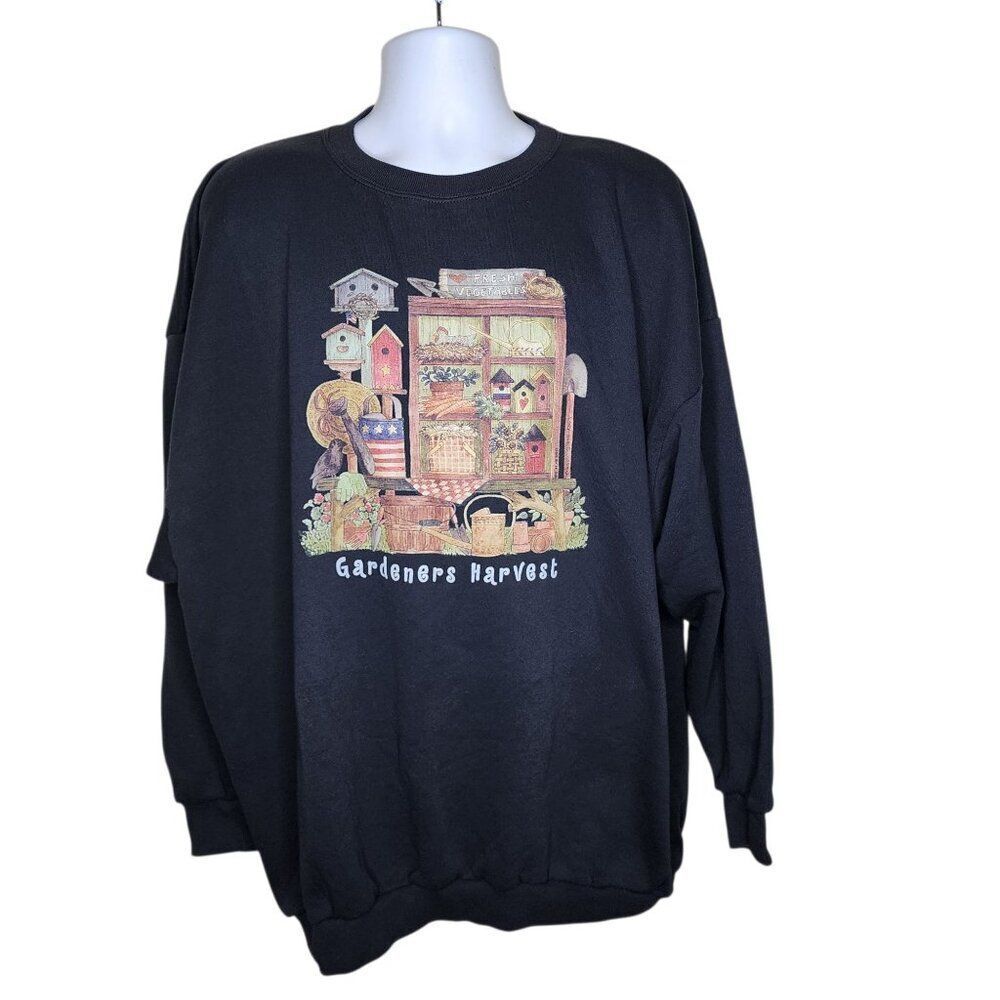Vintage 90s Harvest Birdhouse Gardening Sweatshirt Womens 3X Black Granny Core
